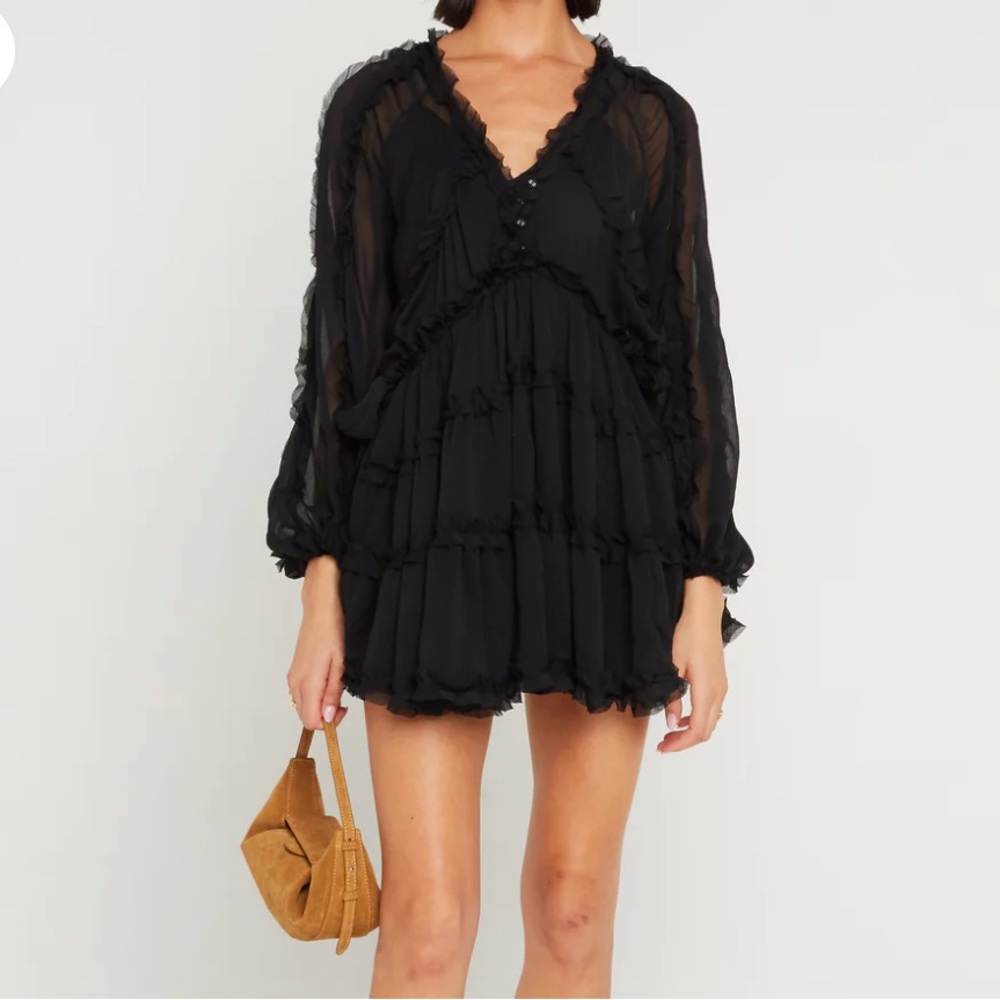 Ruffle Mini Dress Long Sleeve Chiffon Puffy Small